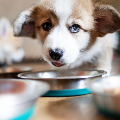 Funny cute puppy eating dog food and curiously looking at camera